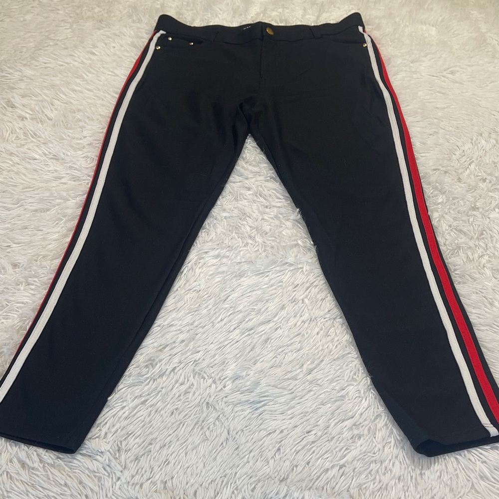 BAE CITY WOMENS Black Pants with Red and White Stripes SIZE XL LOOK SMALLER